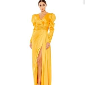 Mac Duggal Gold Ruched Slit Gown